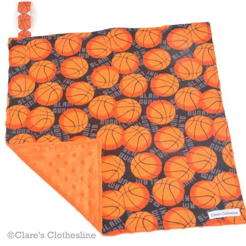 Basketball Lovey: Orange and Black Hoops Fan Baby Gift, Flannel & Minky Snuggle Blanket (15"x15")