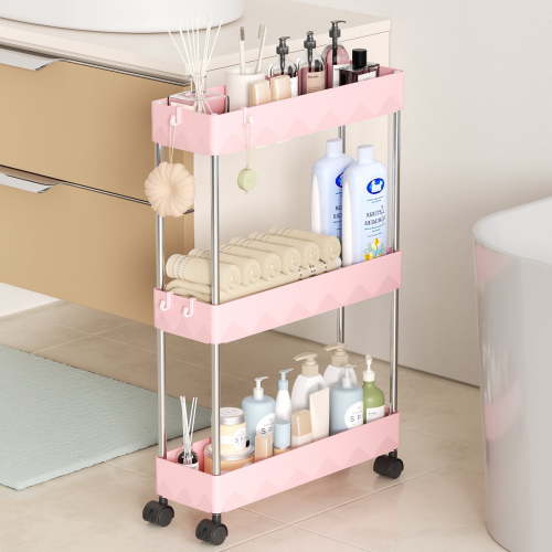 Cshidworld Storage Cart 3 Tier Slim Cart, Rolling Utility Cart Storage Organizer Slide Out Cart, Mobile Shelving Unit Organizer Trolley for Office Bathroom Kitchen Laundry Narrow Places, Pink