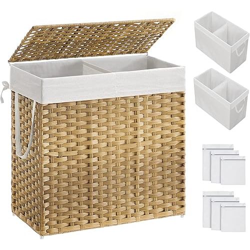 SONGMICS Laundry Hamper with Lid, 130L Clothes Hamper with 2 Removable Liner Bags, 6 Mesh Bags, Wicker Laundry Basket, Double Laundry Hamper for Bathroom, 13 x 26 x 23.6 Inches, Natural ULCB253N01