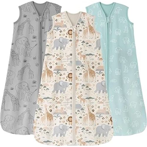 Baby Sleep Sack 0-6 Months 0.5 Tog Wearable Blanket Baby, 3 Pack 100% Cotton Lightweight Sleeping Sack with 2-Way Zipper for Newborn Infant Apricot Gray Green Elephant