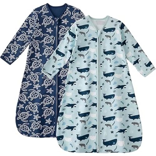 Baby Sleep Sack 0-6 Months 100% Cotton Long Sleeve Wearable Blanket Baby Sleep Bag with 2-Way Zipper 2 Pack 0.5 Tog Sleeping Sack for Newborn Infant Blue Turtle