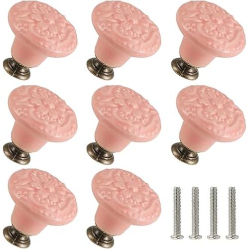Pink Ceramic Knobs 10 Pack Flower Drawer Pulls Vintage Cabinet Knobs - Antique Dresser Pulls with Screws for Closet Drawer Cupboard Cabinet and DIY Home Project