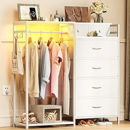 KKL 43" W White Dresser for Bedroom with Hanging Rack, Reversible 6 Drawers Dresser with Led Lights & Charging Station, Fabric Closet Dressers & Chest of Drawers with Clothes Rack for Girls, Kids