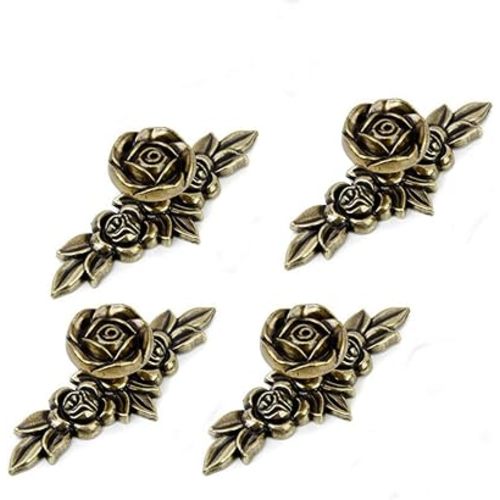 Antique Euro Rose Cabinet Knobs with Backplate, Shabby Chic Kitchen Zinc Alloy Flower Drawer Pull Handles for Dresser Vanity Nightstand Cupboard Wardrobe, 4 Pack (Bronze)