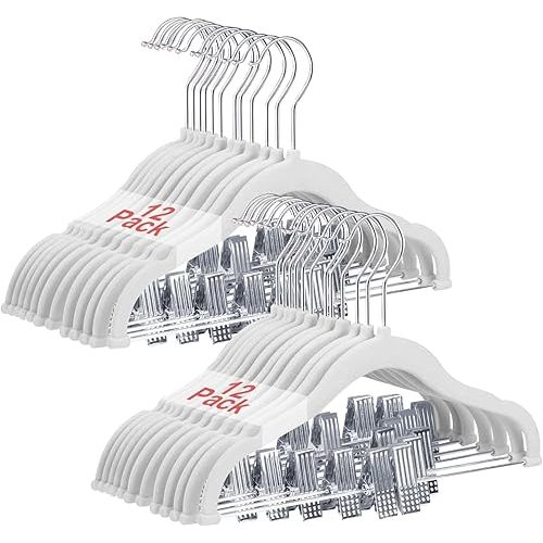 Baby Clothes Hangers with Clips, 24 Packs Kids Velvet Clothes Hangers, Heavy-Duty Childrens Hangers, Storage Organizer Clothing Hangers for Shirts, Pants, Skirts, Dresses, Jackets, Coat White