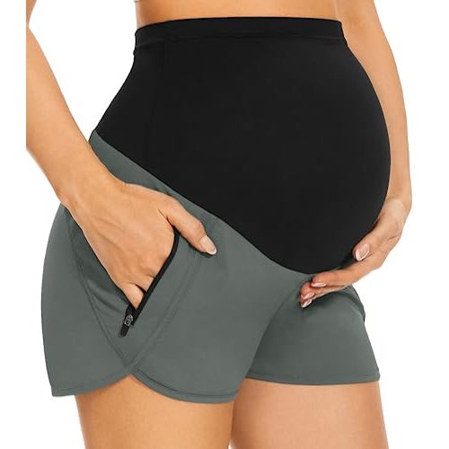 PACBREEZE Women's Maternity Shorts Over Belly Quick Dry Workout Athletic Running Shorts with Zipper Pockets