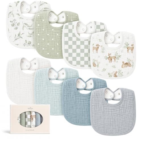 Konssy 8-Pack Muslin Baby Bibs, Adjustable Fit for Drooling and Teething | Soft Absorbent, Drool Bibs for Baby Boys Girls, Cotton Front with Fleece Backing, Newborn to Toddler 0-36M