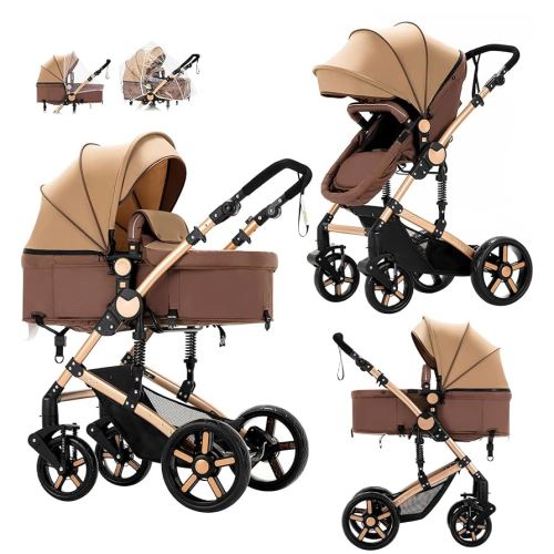2 in 1 Baby Stroller, Convertible Pram, Reversible Standard Baby Stroller, Portable Baby Buggy, Infant Carriage, Foldable High Landscape Pushchair for Toddler Newborn (2US588-KHAKI)