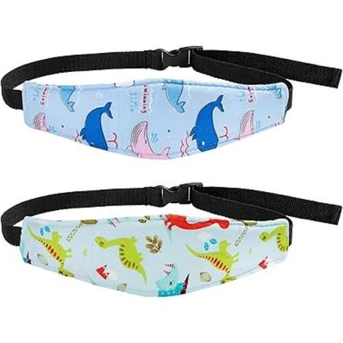 HESTYA 2 Pieces Baby Carseat Head Support Band Strap Headrest Stroller Seat Sleeping Headrest Neck Relief Head Strap Headband for Kids Children Toddler Infant(Dinosaur and Dolphin)