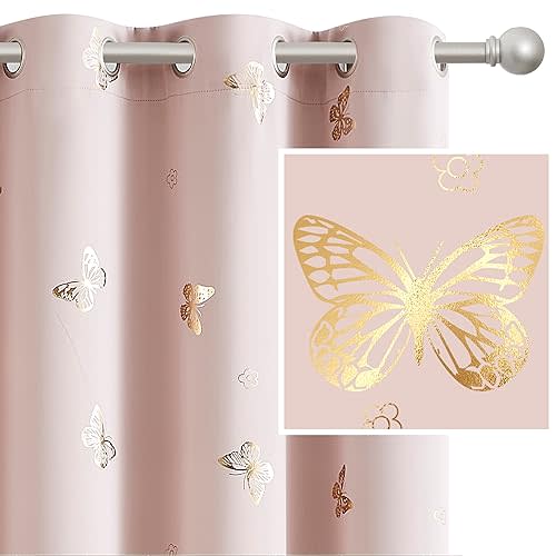 Jubilantex Pink Gold Butterfly Blackout Curtains 84 Inches Long with Black Layer Thermal Insulated Window Curtains Grommet Top for Bedroom Girls Room