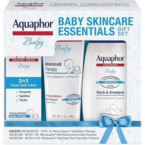 Aquaphor Baby Skincare Essentials Gift Set with Baby Wash and Shampoo, Healing Ointment, and Diaper Rash Cream, 3 Pieces