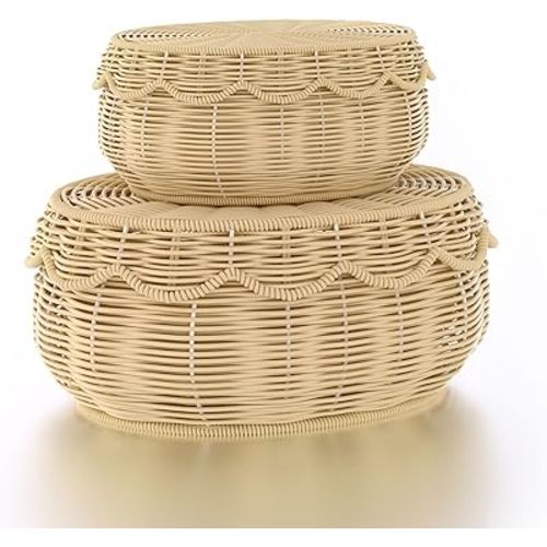 Wicker Storage Basket with lid Hand Woven Rattan Basket Small Scalloped Basket Set of 2 Woven Baskets for Storage Nursery, Baby, Clothes, Toys, Diapers