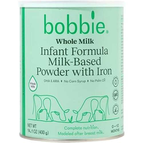 Bobbie Whole Milk, Grass Fed Baby Formula with Iron, Plant Based DHA and ARA, Vitamin D and Protein Blend Modeled After Breast Milk, For Newborn Baby to 12 Month Old, 14.1 oz