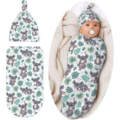 Cute Koala Baby Stuff Swaddle Blanket Hat Set for Boys Girls, Soft Newborn Sleeping Sack Receiving Blanket Shower Gift