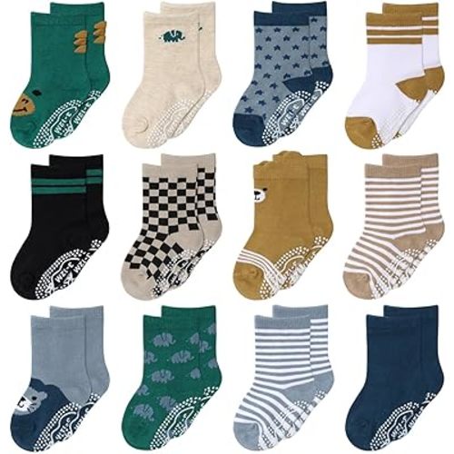 The Peanutshell Organic Baby Boy Socks for 3-12, 12-24 Months - Non-Slip Grip, 100% Cotton Baby Crew Socks - Bold