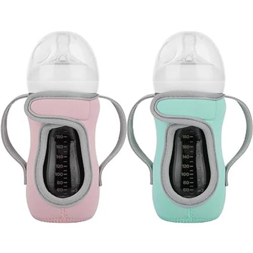Beautyflier Set of 2 Reusable Glass Baby Bottle Insulator Adjustable Sleeves with Double Handles Neoprene Holder for Philips Avent Natural (8-9 Ounce, Pink+Green)