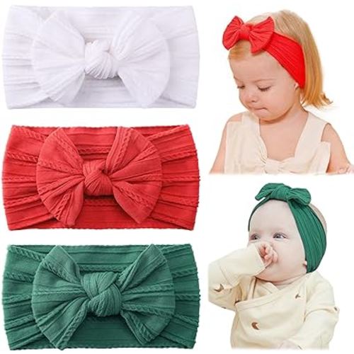jollybows Baby Girl Headband Bows Nylon Head Wraps Newborn Hairbands Infant Toddler Hair Bow (4- Red Green White- Merry Christmas)