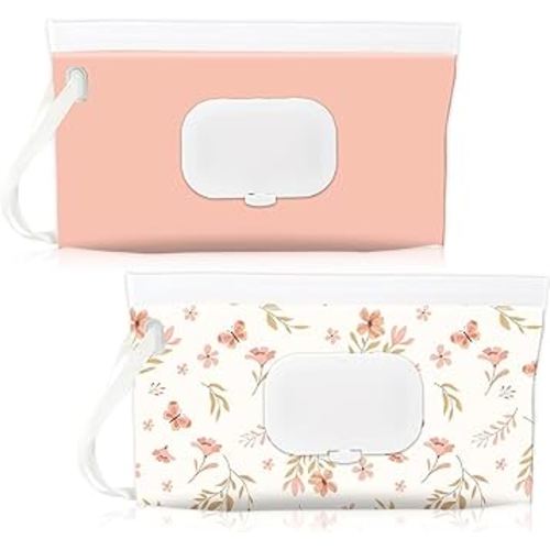 FEBSNOW 2 Pack Baby Wipes Dispenser Holder, Portable Refillable Baby Wet Wipes Pouch Container Reusable Travel Case for Outdoor Hiking, Pink Flower