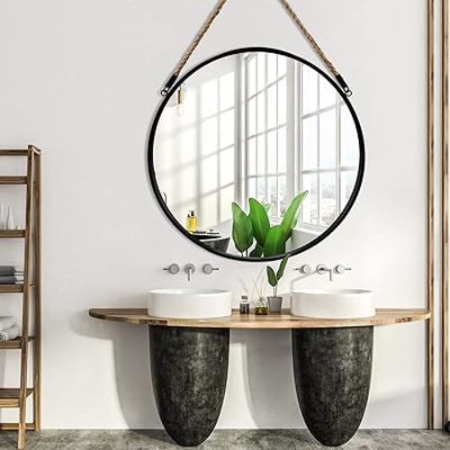 POZINO Large Round Hanging Rope Mirror, Circle Wall Mirror, 24 Inch Black Frame Farmhouse Mirror for Bathroom Bedroom Living Room Entryway Home Decor