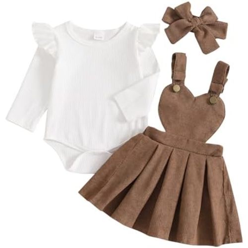 Madjtlqy Baby Girl Fall Winter Outfit Solid Long Sleeve Romper + Overall Dress + Headband Toddler 3Pcs Skirt Set