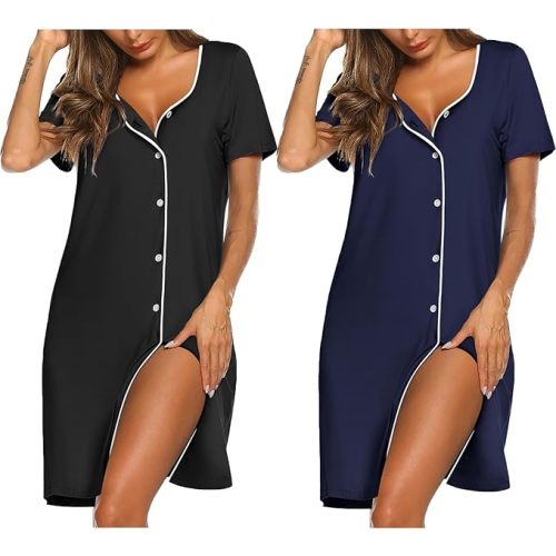 Ekouaer Nightgowns for Women 2 Pack Button Down Sleepshirt Short Sleeve Nightshirt Soft Sleepwear V Neck Pajama Dress