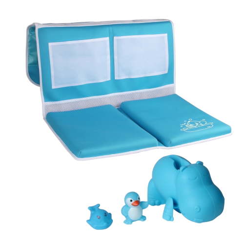 Bath Kneeler and Elbow Rest Pad Set - Non-Slip Rubber with Toy Organizer - Bath Spout Cover Blue Hippo - Free Bathtub Toys