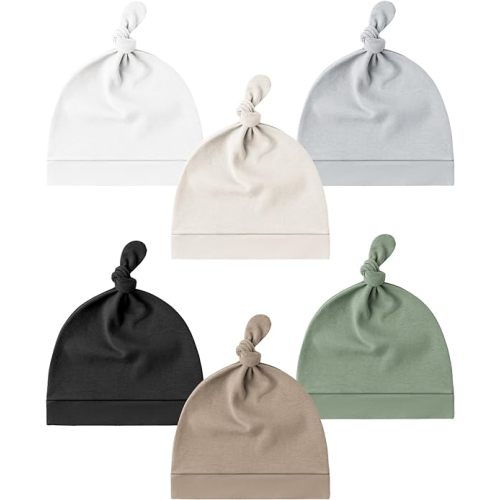 Konssy 6 Pack Baby Newborn Hats Set Knot Beanie Hats Soft for Infant Baby Girls Boys Caps 0-6 Months - White,beige,gray,black,clay,green