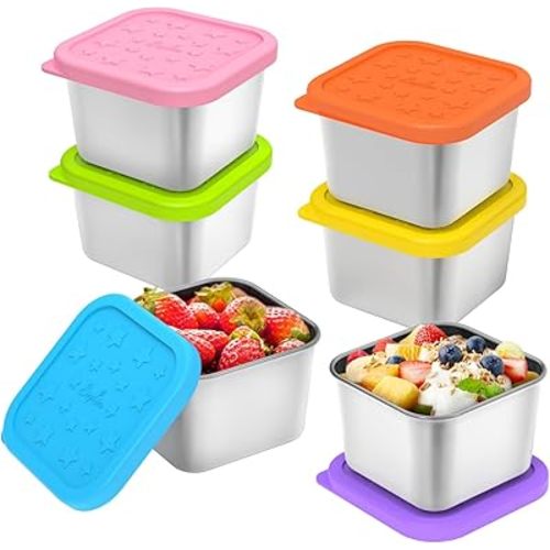 SOPHICO Stainless Steel Snack Containers for Kids, 6 oz Leak Proof Small Food Storage Container with Silicone Lid, 304 Metal Toddler Lunch Box for Daycare, School and Travel (6 Pack)