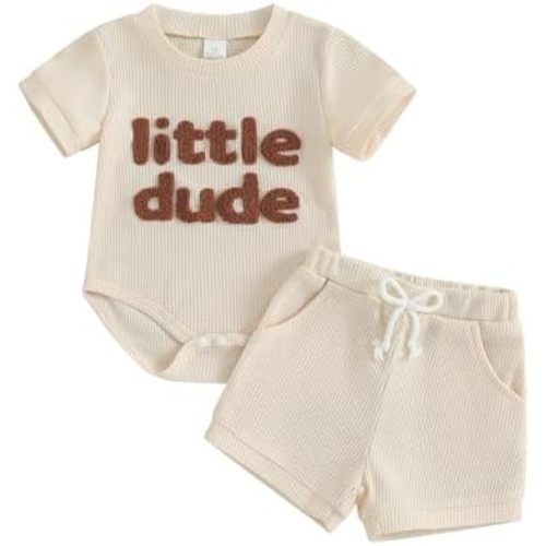 Douhoow Baby Boy Summer Outfits Short Sleeve Mamas Boy Little Dude Embroidery Boy Romper Shorts Set Infant Waffle Clothes