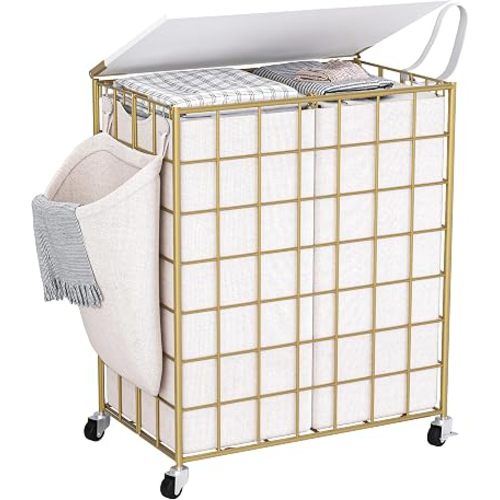 Laundry Basket with Wheels, Heavy Duty Laundry Sorter 2 Sections, 120L (32Gal.) Large Capacity Hamper with Wood Lid, 360 Rolling Wheels, Extra Side Pocket, Leather Pull Handle, Golden+Beige