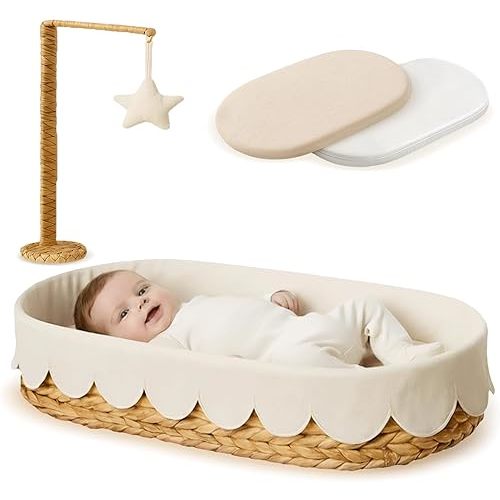 Premium Baby Changing Basket – Handwoven Wicker Basket for Baby – Waterproof Pad + Linen Cover – Scalloped Changing Basket for Baby Dresser - Moses Basket Bassinet -