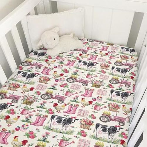 Watercolor Pink Farm Animal Life Baby Crib Sheets for Girls Cow Chicken Tractor Flowers Soft Snug Fitted Crib Mattress Covers for 52''x28'' Standard Crib & Toddler Mattress Pastel Farmland Bed Sheets
