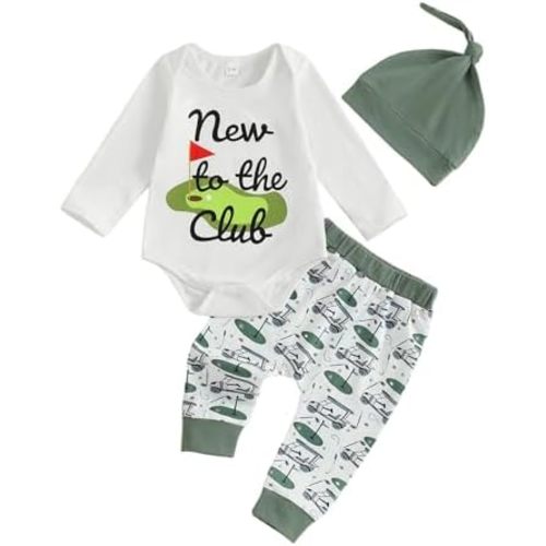 Newborn Baby Boy Golf Outfit New to the Club Baby Onesie Golf Romper Pants Set Hat Infant Coming Home Fall Clothes