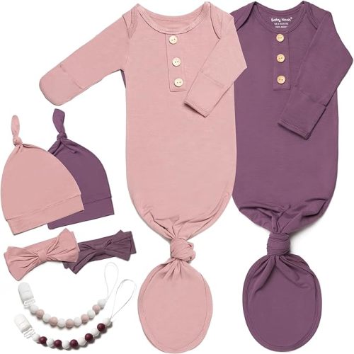 2PK Silky Soft Newborn Knotted Gown, Snuggly Infant Sleeper for Baby Girls, Sleepwear Set with Mittens, Bowknot, Clip and Hat - Bean Pink Lavender Purple - 0-3 Months