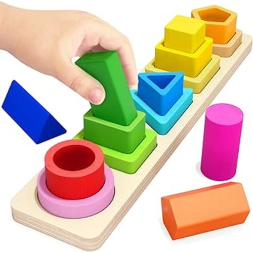 PEBIRA Montessori Toys for 1 2 3 Year Old Boys Girls Toddlers, Heightened Peg-free Wooden Stacking Toys, Shape Sorter Learning Toys, Preschool Toy Birthday Gift for Baby Kid Age 1-4, Various Game Play