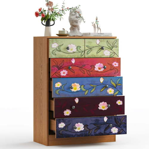 UbesGoo 6-Drawer Dresser, Dresser Drawer Organizer for Bedroom Wood Storage Tower for Entryway, Hallway, Closet, Tall Chest Organizer Unit with Wood Bins, Easy Pull Handle, Floral Painted Wooden Colo