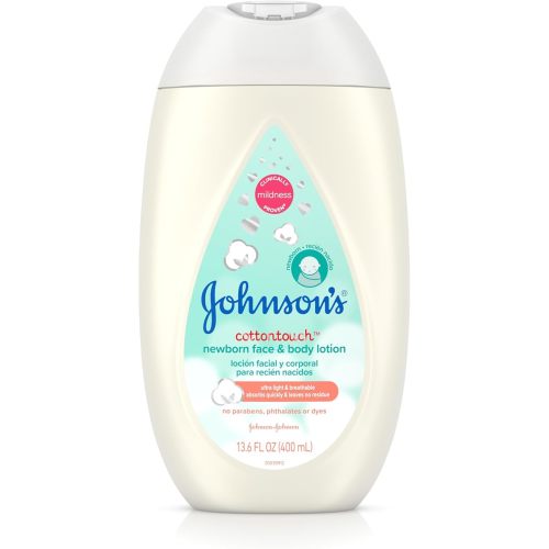 Johnson's CottonTouch Newborn Baby Face and Body Lotion, Hypoallergenic Moisturization for Baby's Skin, Made with Real Cotton, Paraben-Free, Dye-Free, 13.6 fl. oz