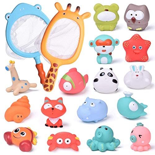 FUN LITTLE TOYS 18 PCs Baby Bath Toys with Soft Cute Ocean Animals Bath Squirters and Fishing Net, Water Toys for Kids
