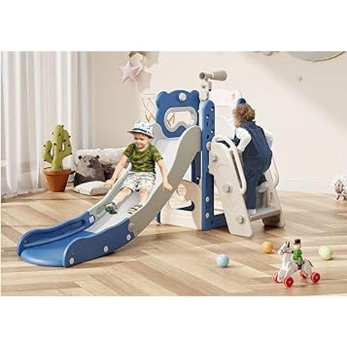 Toddler Slide, 6 in 1 Kids Indoor Slide for Toddlers 1-3, Baby Slide for Indoor Outdoor with Basketball Hoop and Telescope, L Shaped Slide for Kids Toddler Slide Playset (Blue&Gray)