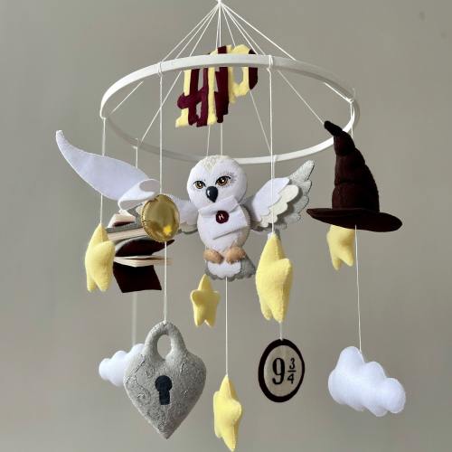 Owl Baby Mobile| Wizard Baby Mobile| Wizard Baby Shower| Harry Boy & Girl Baby Shower Gift| Potter Boy Theme| Flying Keys| Owl Baby Shower