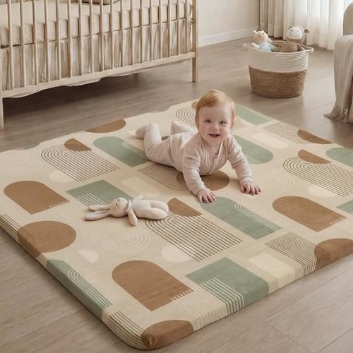 Blissful Diary 1.3" Thick Baby Play Mat, 50x50 Playpen Mat with Removable & Washable Cover, Ultra Soft Crawling Rug for Floor, Foam Cushion & Non-Slip Backing for Kids, Toddlers, Earth Tone Rainbow