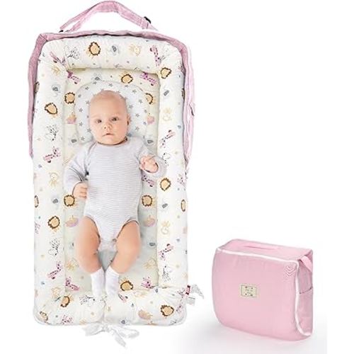 Baby Nest for Newborn, Portable Baby Lounger with Pillow for Infant 0-12 Months, Infant Lounger Cosleeping Whit Adjustable Size & Strong Zipper Lengthen Space - Animal World Pink