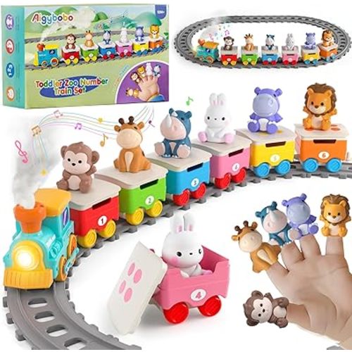 Toddler Toys for 1 2 3 Year Old, Electric Zoo Animal Train Set with Music, Lights & Steam, Montessori Counting, Matching & Sorting Learning Toys, Christmas Birthday Gifts for Baby Boys Girls 12-18 M