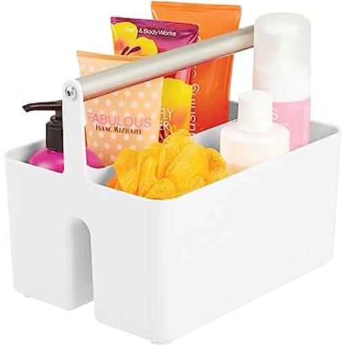 mDesign Plastic Shower Caddy Storage Organizer Utility Tote, Divided Basket Bin - Metal Handle for Bathroom, Dorm, Kitchen, Holds Soap, Shampoo, Conditioner - Aura Collection - White/Matte Satin