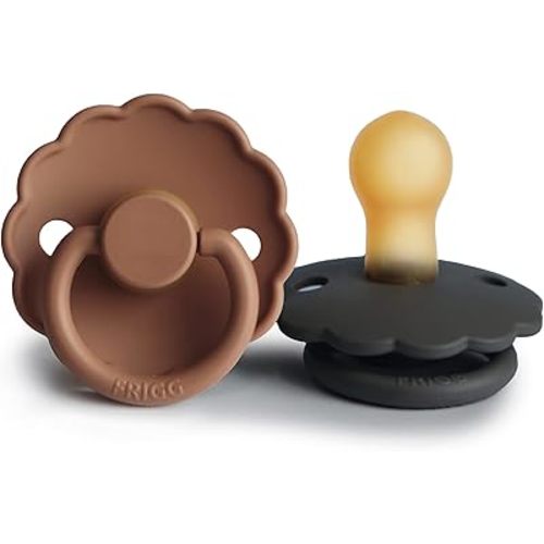 FRIGG Daisy Natural Rubber Baby Pacifier | Made in Denmark | BPA-Free (Graphite/Peach Bronze, 0-6 Months) 2-Pack