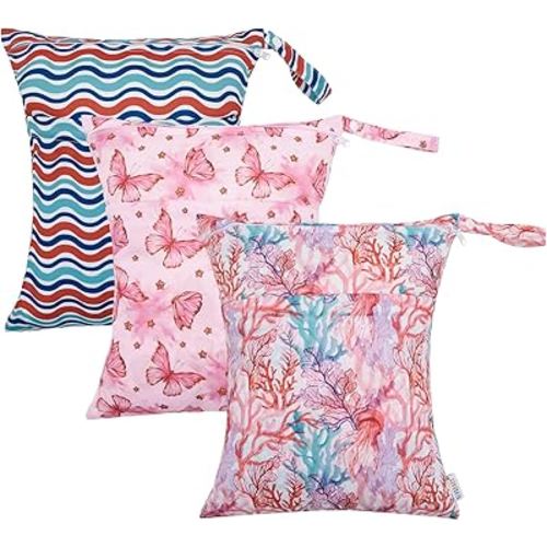ALVABABY 3pcs Cloth Diaper Wet Dry Bags Waterproof Reusable with Two Zippered Pockets Travel Beach Pool Daycare Soiled Baby Items Yoga Gym Bag for Swimsuits or Wet Clothes 3L-ZM19A