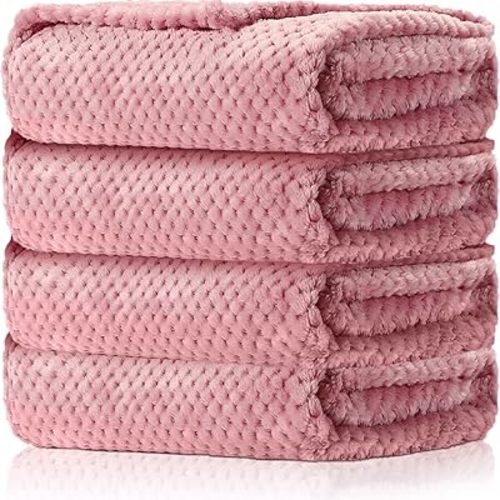 Reginary 4 Pack Baby Fuzzy Blanket 30" x 40" Waffle Flannel Throw Blankets Warm Cozy Nursery Bed Blankets for Girl Boy Newborn Infant Receiving Crib Stroller Blanket(Pink)