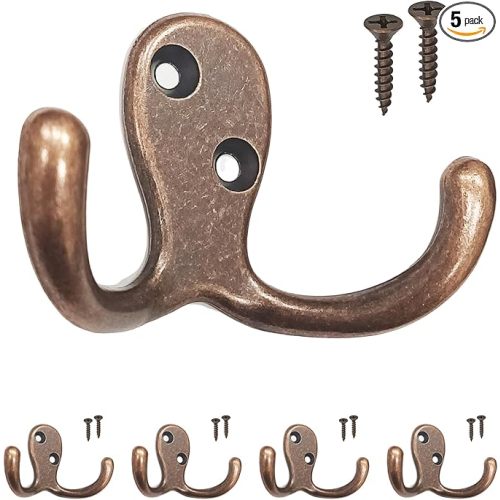 Double Robe Hook 5 Pack Antique Copper with Screws Coat Hat Bag