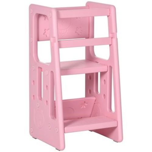 Qaba Toddler Tower with Adjustable Height, Toddler Kitchen Stool Helper with Anti-slip Mat, Step Stool for Kitchen, Bathroom, Bedroom, Pink