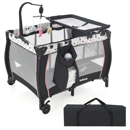 INFANS 3 in 1 Pack and Play, Portable Travel Baby Crib Bassinet with Detachable Mattress, Newborn Changing Table, Foldable Playpen with Carry Bag and 2 Wheels